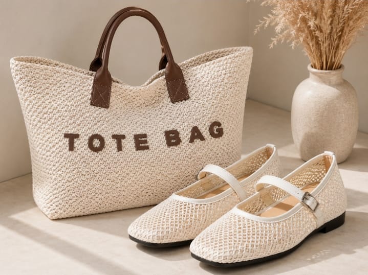Woven Tote Bag & Mesh Mary Jane Flats Set
