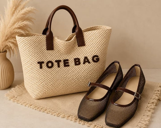 Woven Tote Bag & Mesh Mary Jane Flats Set